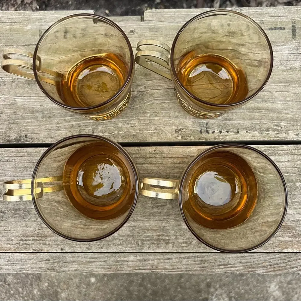 Libbey MCM Greek Key Punch Brass Holder Amber Glass Tiki Glasses Cups Set of 4